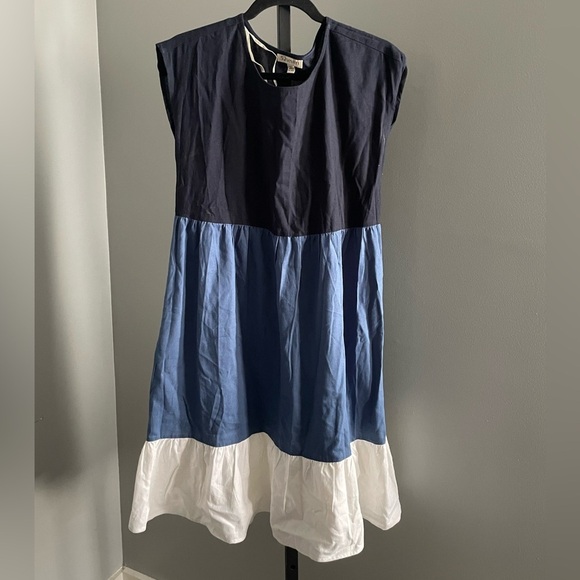 52SEVEN Colorblock Cap Sleeve Linen Blend Dress In Denim Combo Size XL - Picture 2 of 5